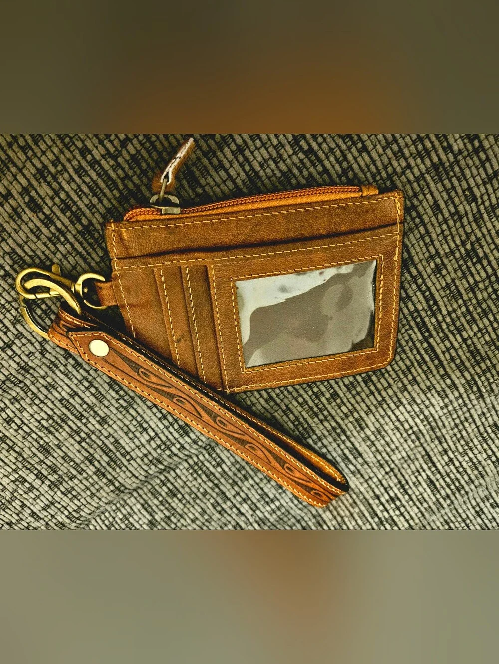 Tooled Leather Card & Key Wristlet with Longhorn Accent - Brown